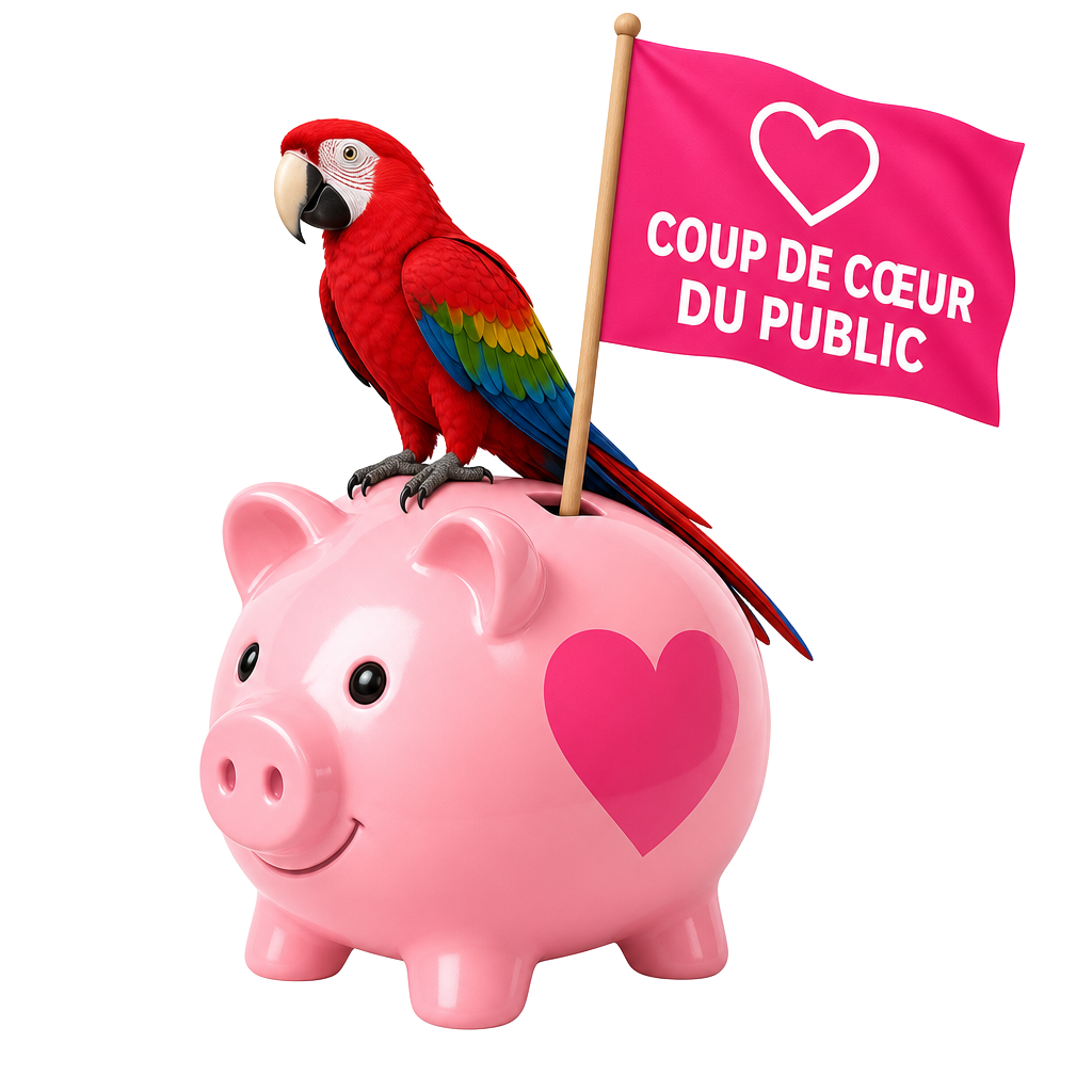 Perroquet Koud Pouss sur la tirelire Événements heureux de la Tirelire Solidaire