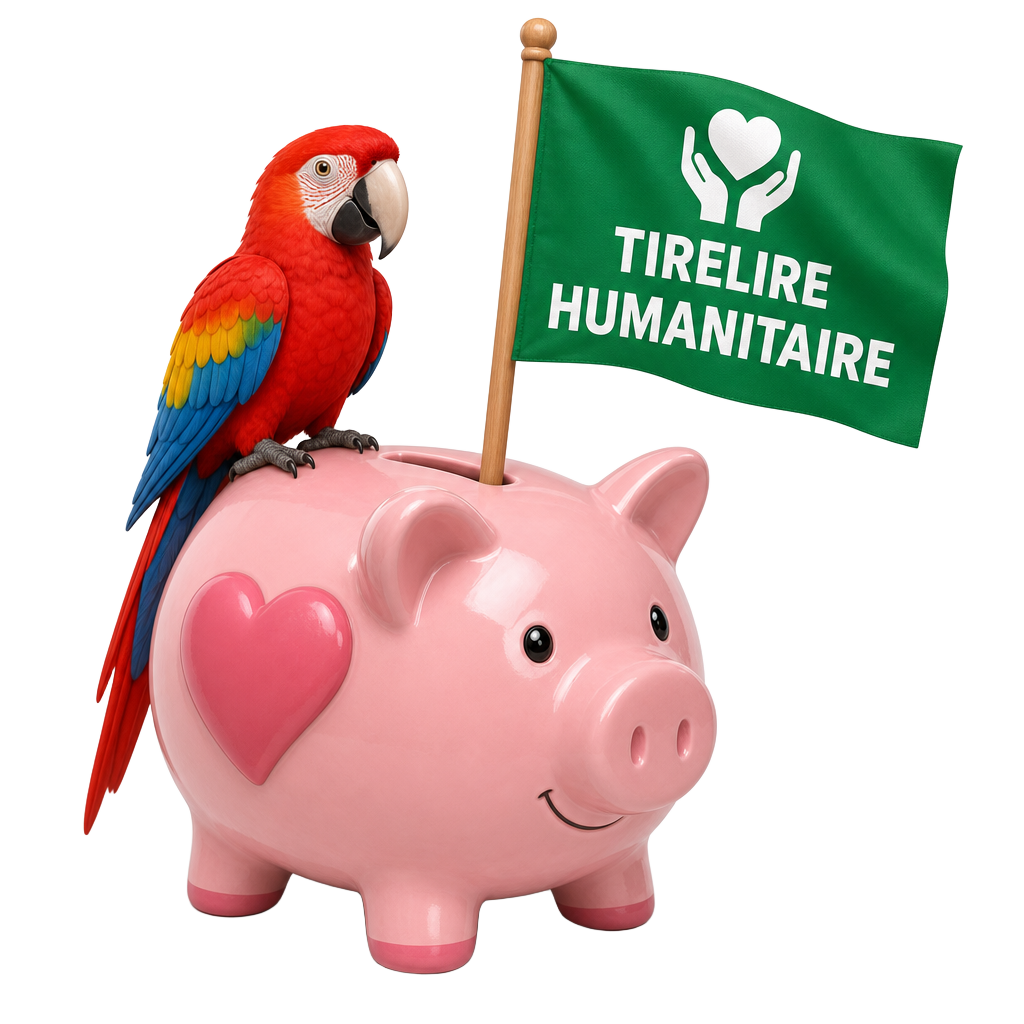 Perroquet Koud Pouss sur la tirelire Humanitaire de la Tirelire Solidaire