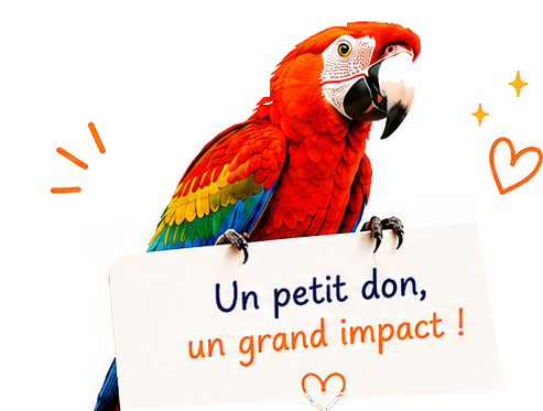Perroquet coloré posant ses pattes sur une pancarte : Un petit don, un grand impact